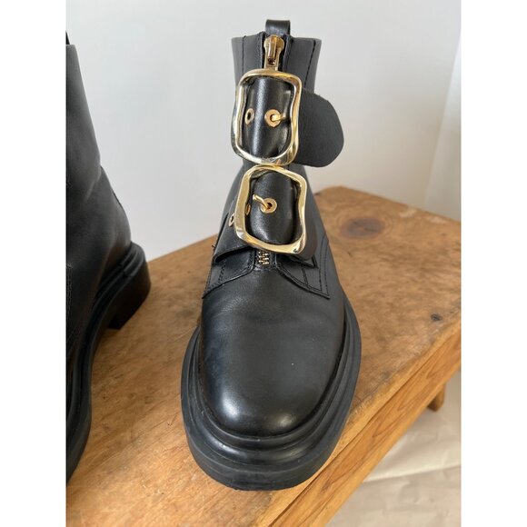 ASOS Black Leather Gold Metal Double Buckle Ankle Biker Boot US Size 6 UK Size 4 - Picture 14 of 14